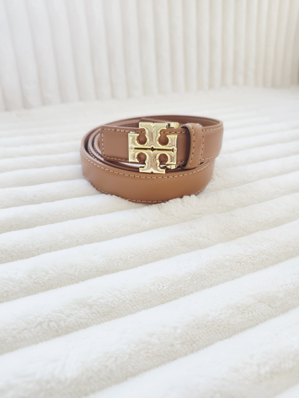 Tory Burch Skinny Belt Cognac Leather Gold Double T Logo Buckle